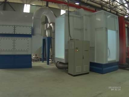 Powder coating booth with control cabinet, hoppers,  filters and cyclone.